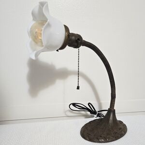 Vtg Gooseneck Lamp Cast Iron Base Pull Chain Switch Floral Shade Flexible READ